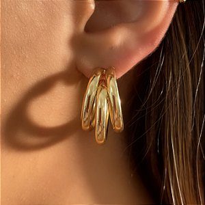 BRINCO ARGOLA TRÊS FIOS BORBOLETAS ZIRCÔNIAS DOURADO BIJU