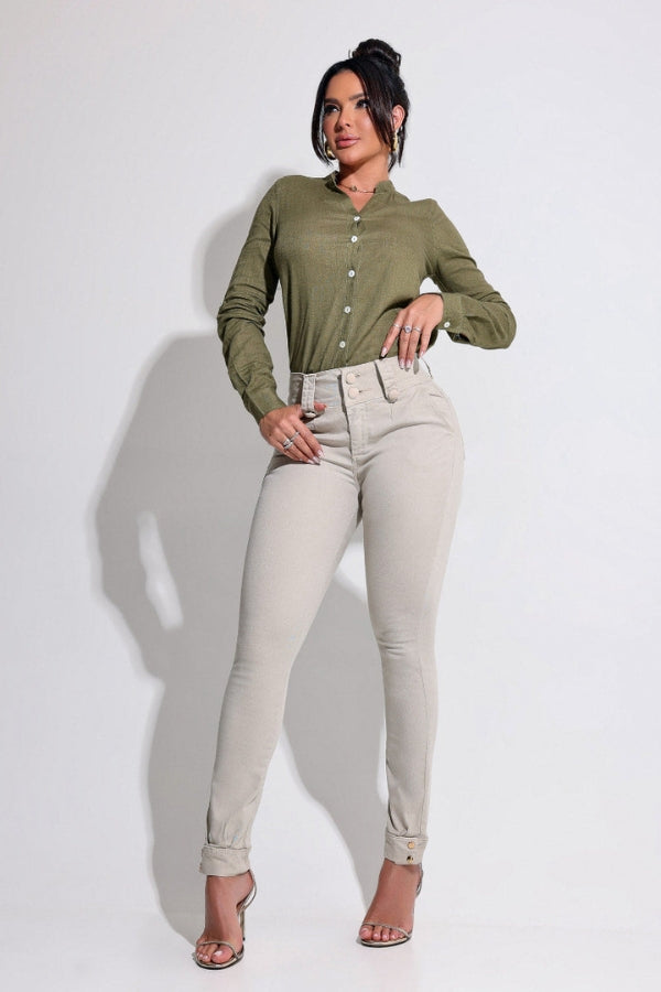 Calça Jeans Feminina Modeladora Nude Detalhe Barra