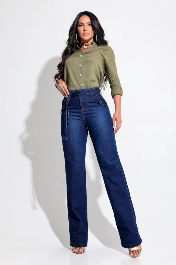 Calça Jeans Wide Leg Modeladora com Cinto