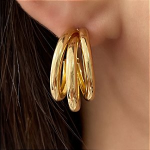 BRINCO ARGOLA TRÊS FIOS BORBOLETAS ZIRCÔNIAS DOURADO BIJU