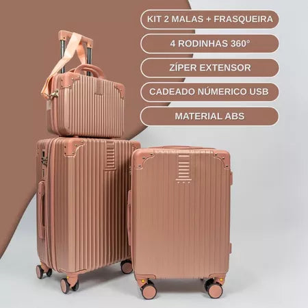Kit com 2 Malas de Bordo + Frasqueira – Padrão ANAC | Cadeado Numérico | Rodinhas 360°