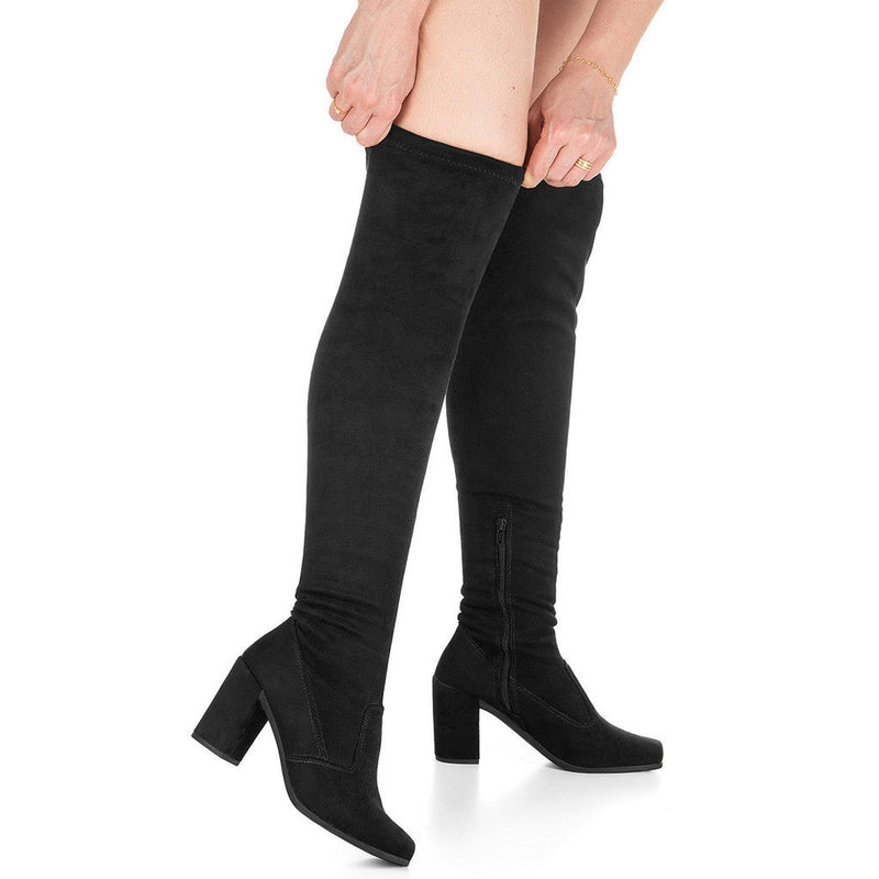 Bota Feminina Cano Alto Over The Knee Salto Alto Bico Quadrado