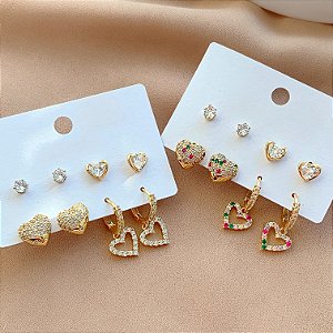 BRINCO KIT ARGOLINHAS CORAÇÕES ZIRCÔNIAS LUÍSA BIJU