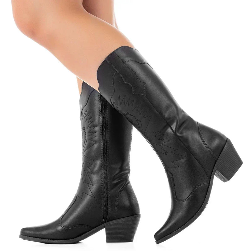 Bota Texana GiGiL Feminina Cano Alto Salto Médio Western Bordada