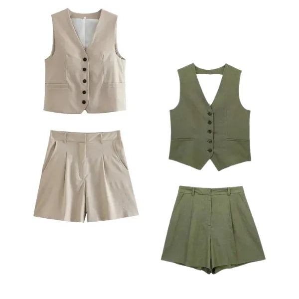 Conjunto Feminino em Alfaiataria - Colete e Shorts no Linho (Compre 1 Leve 2)