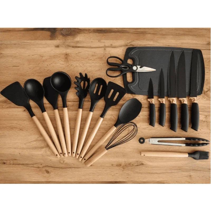 Kit 19 Peças Utensílios de Cozinha com Tábua — Silicone Premium, Não Risca e Resiste a Altas Temperaturas