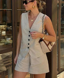 Conjunto Feminino em Alfaiataria - Colete e Shorts no Linho (Compre 1 Leve 2)