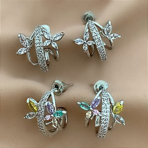 BRINCO ARGOLA TRÊS FIOS BORBOLETAS ZIRCÔNIAS DOURADO BIJU