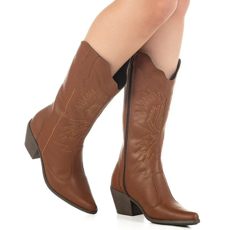 Bota Texana GiGiL Feminina Cano Alto Salto Médio Western Bordada