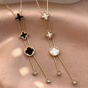 COLAR E BRINCO KIT GRAVATINHA TREVO E CORAÇÃO LISO DOURADO AÇO 316L⭐️