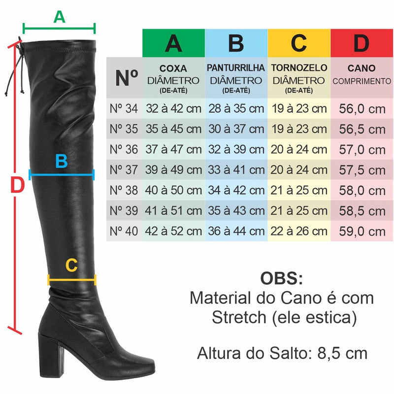 Bota Feminina Cano Alto Over The Knee Salto Alto Bico Quadrado