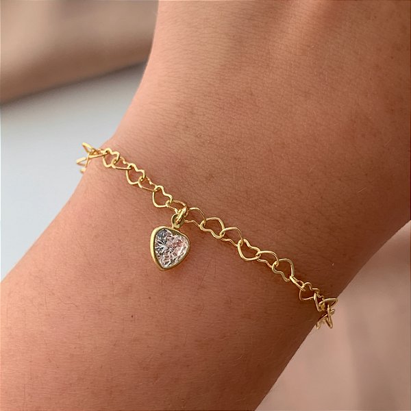 PULSEIRA ELOS CORAÇÕES PINGENTE CORAÇÃO ZIRCÔNIA FOLHEADO A OURO 18K⭐️